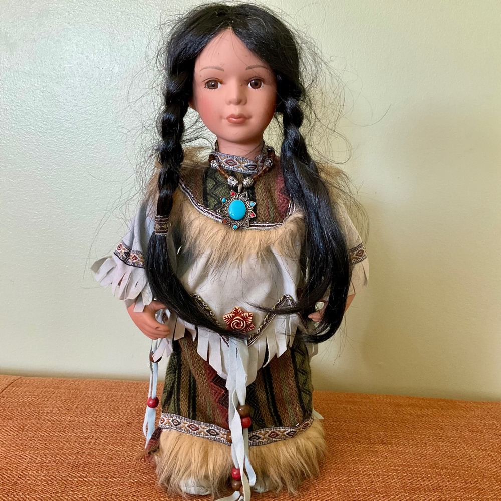 VTG Native American Porcelain Doll 16" Faux Fur Turquoise Pendant Southwest Deco